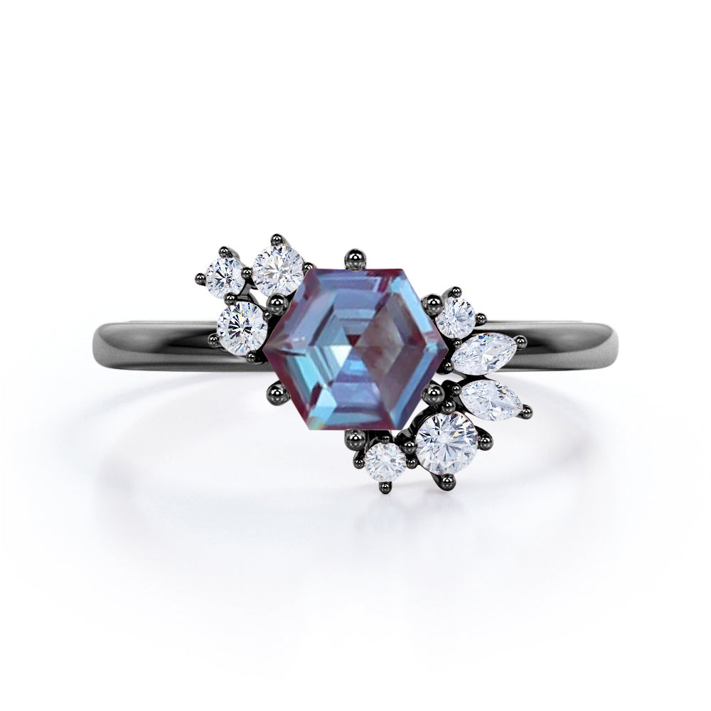 Butterfly style 1.15 carat Hexagon shaped Lab made Alexandrite and dia