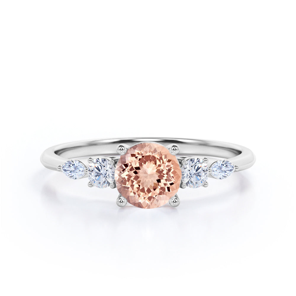 Traditional 1.1 carat Round cut Morganite and diamond five stone 