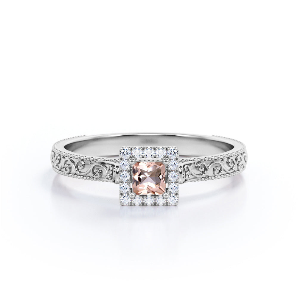 Pave Halo 0.75 carat Princess cut Peach Morganite and diamond 