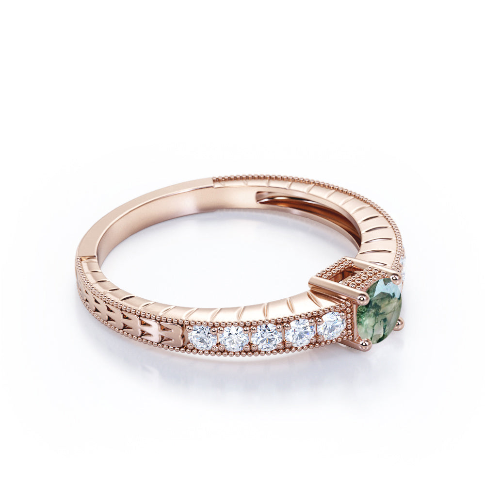 Bead décor 0.75 carat Round cut Moss green Agate and diamond vintage art deco engagement ring in Rose gold