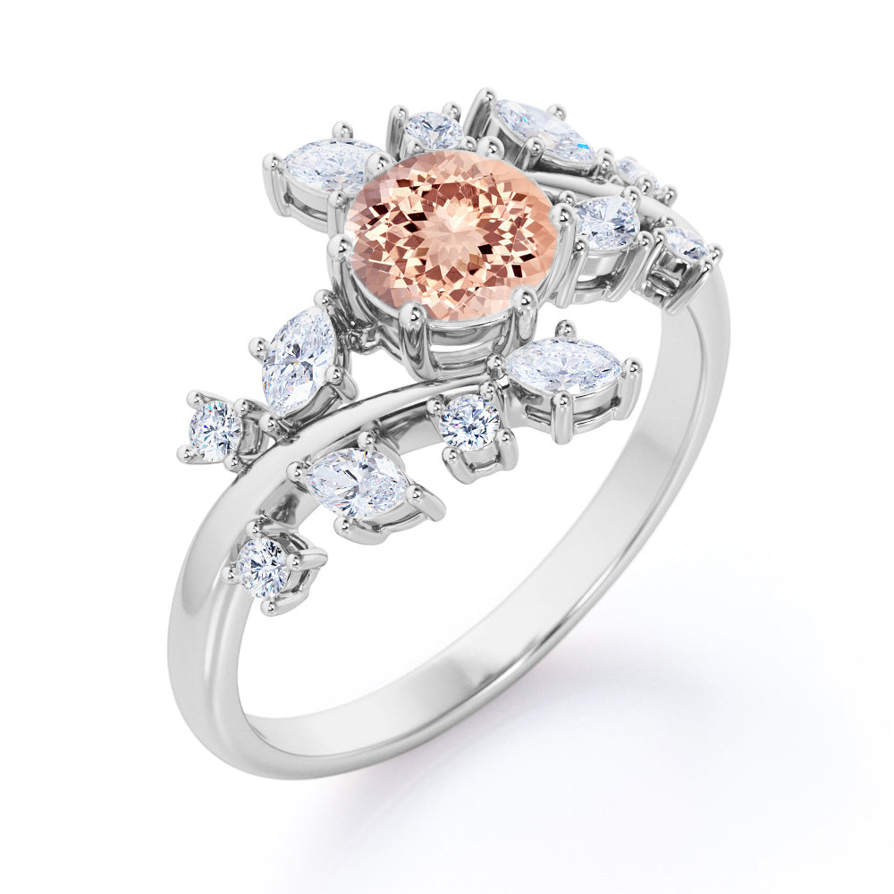 Open setting 1.25 carat Round cut Morganite and diamond floral inspired engagement ring in White gold