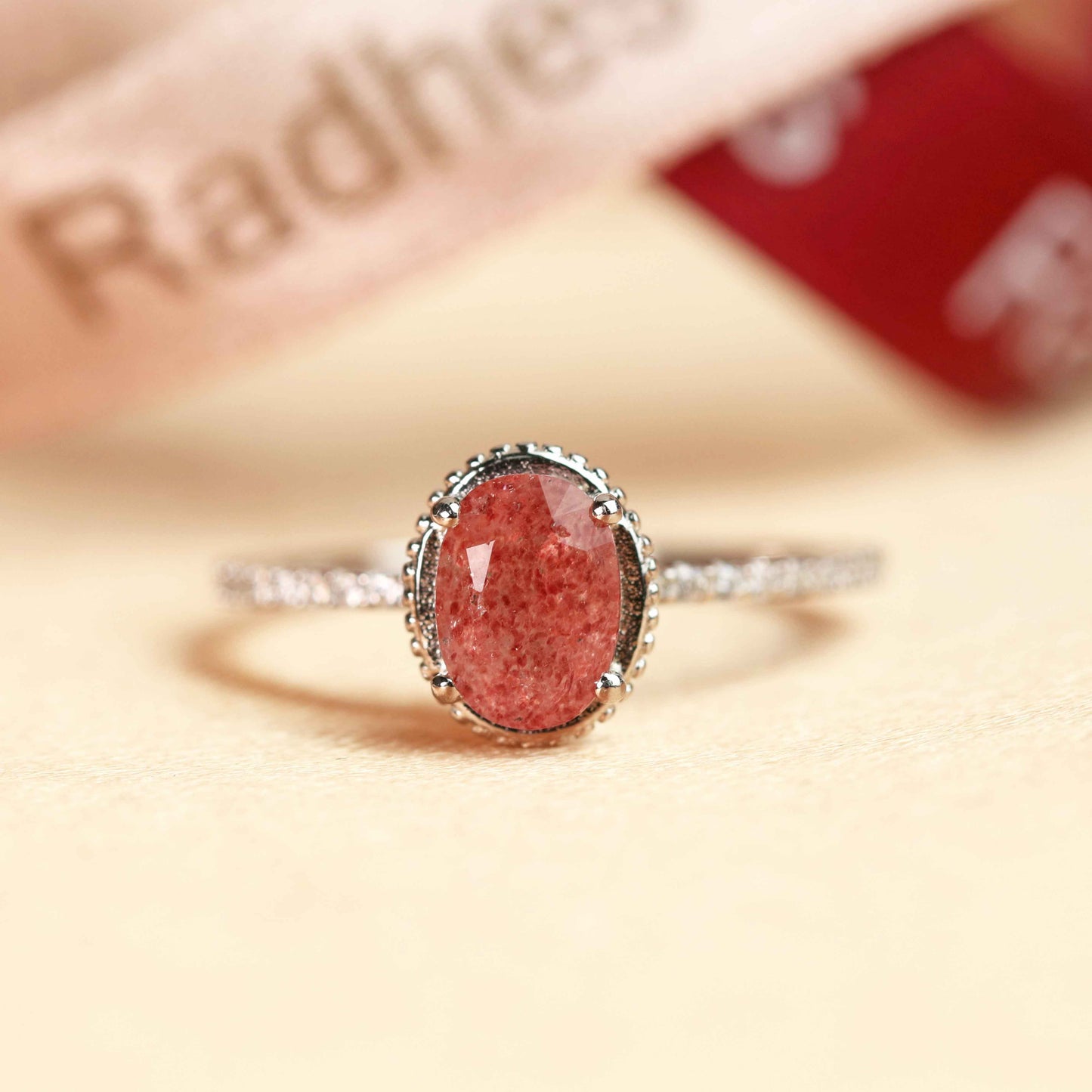 Huge 1.25 carat Oval Cut Red Strawberry Quartz and Diamond Milgrain Bezel Set Engagement Ring in White Gold
