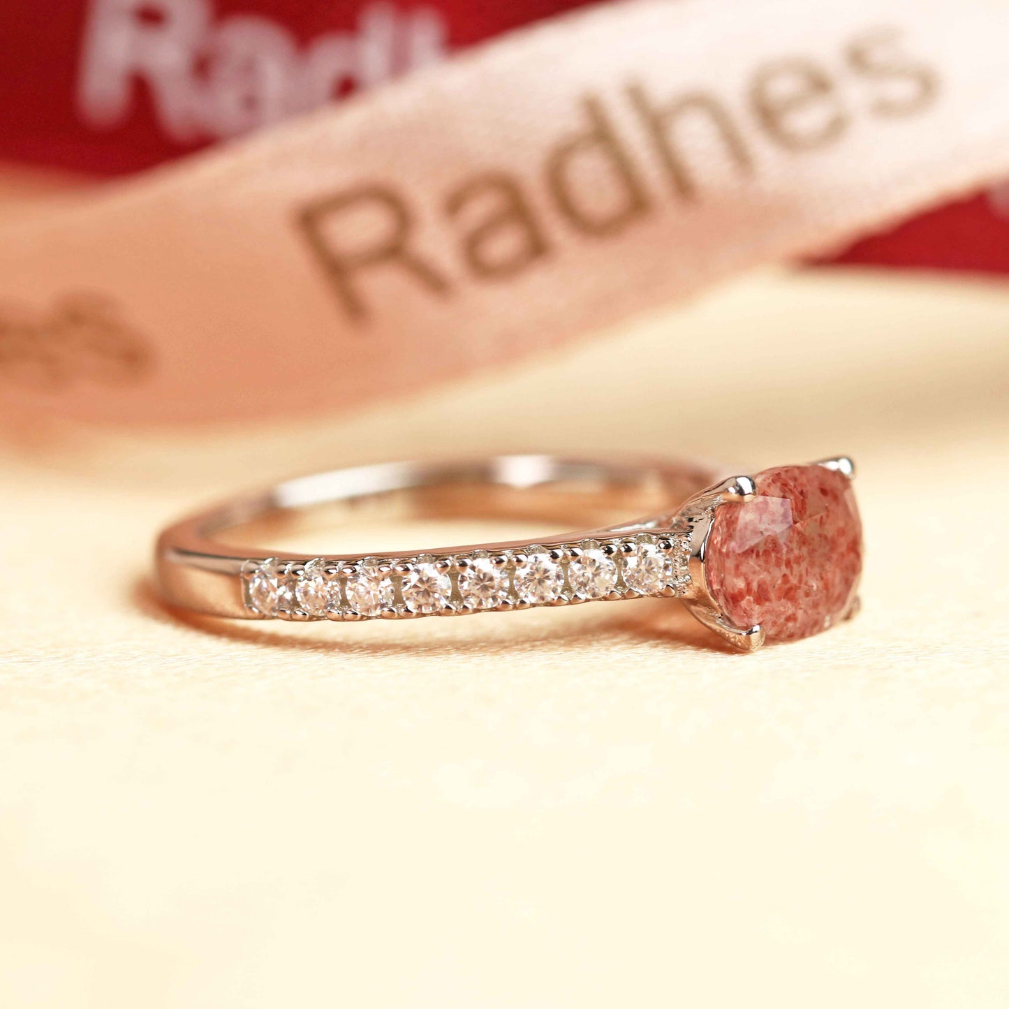 Horizontal 1.25 carat Oval Cut Red Strawberry Quartz and Diamond Semi-pave Solitaire Promise Ring in White Gold
