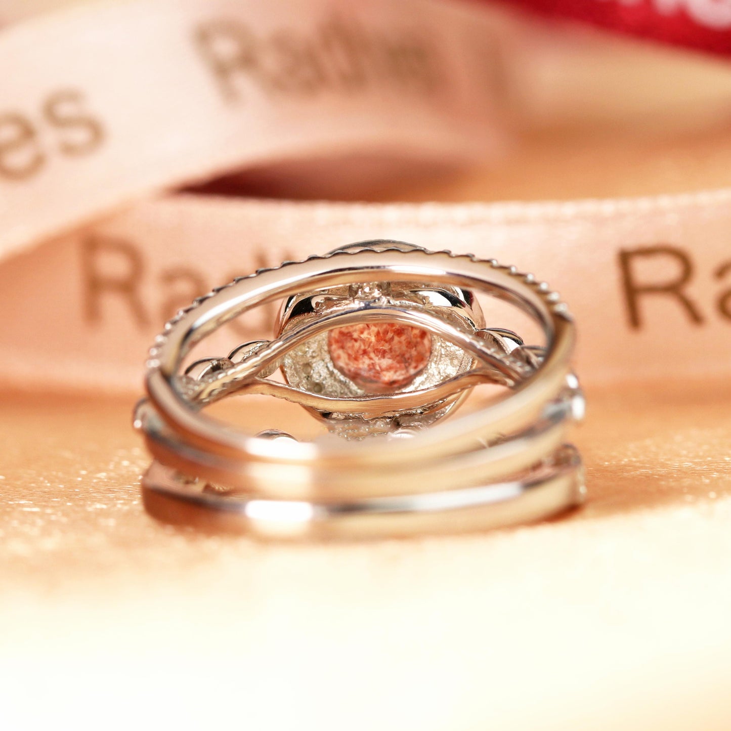 2 carat Round Shaped Strawberry Quartz and Diamond Halo Milgrain 3 Piece Wedding Rings Set in White Gold