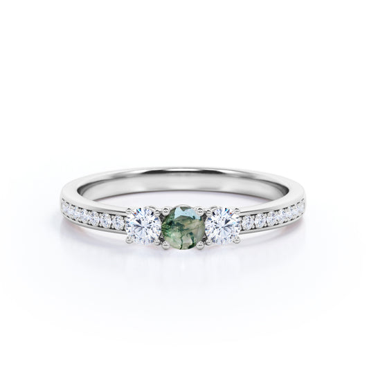 Elegant triple stone 0.8 carat Round cut Moss Green Agate and diamond channel setting engagement ring in White gold