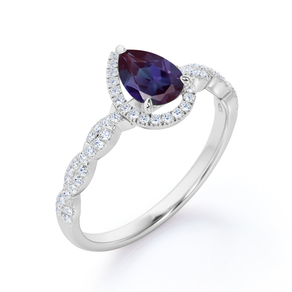 Classic Infinity 1.5 carat Pear shaped Lab made Alexandrite and diamond twisted halo engagement ring in White gold