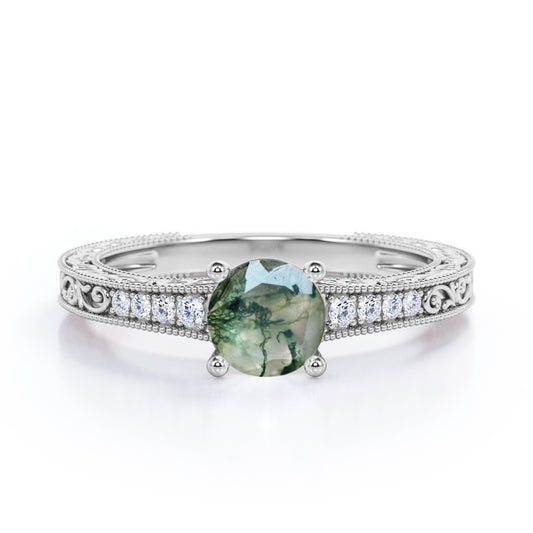 Aesthetic Victorian Scrollwork 1.25 carat Round cut Moss Green Agate and diamond engagement ring in White gold