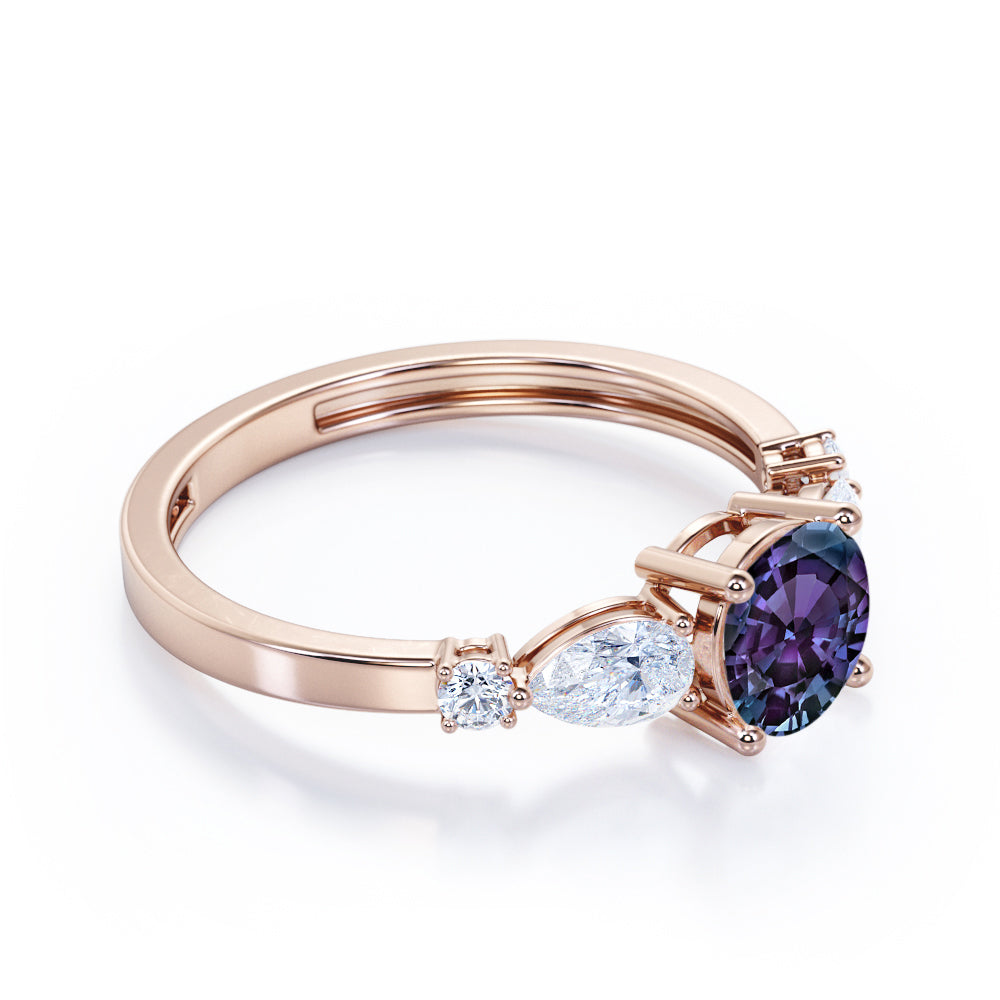 Contemporary 1.1 carat Round cut Alexandrite and diamond five stone engagement ring for her in Rose gold