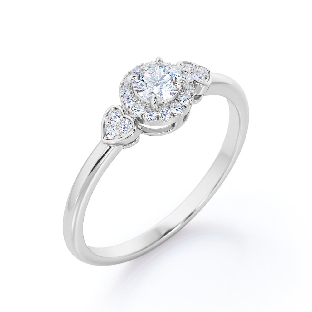 Classic double hearts 1.2 carat Round cut Moissanite and diamond halo engagement ring in White gold