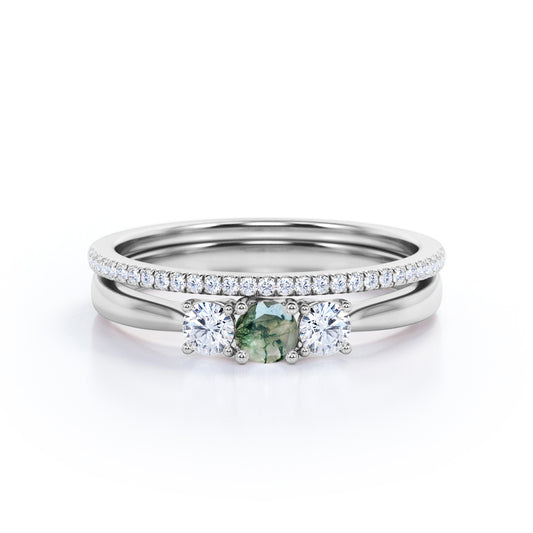 Classic trio style 0.75 carat Round cut Moss green Agate and diamond eternity wedding ring set for women in White gold