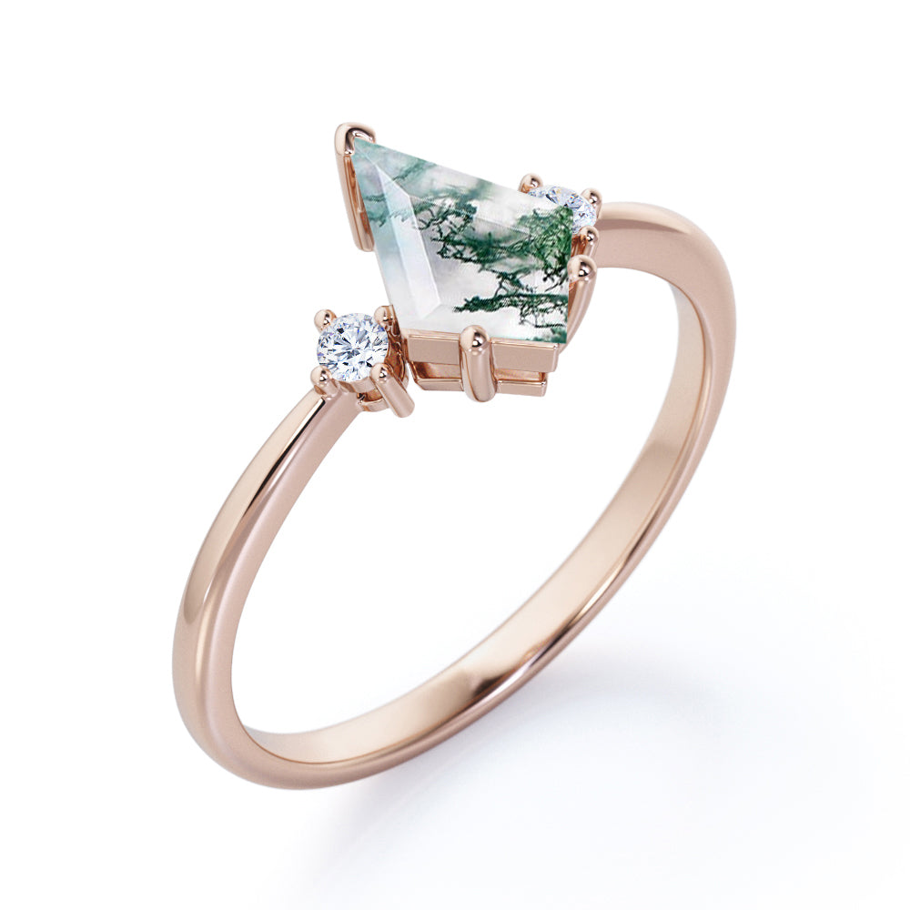 Elegant Trilogy 1 carat Kite shaped Moss Green Agate and diamond vintage inspired engagement ring in Rose gold