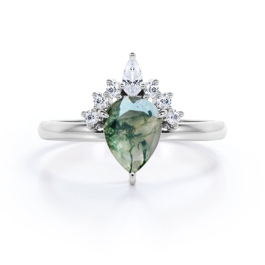 Royal Tiara style 1.15 carat Pear cut Moss Green Agate and diamond engagement ring in White gold