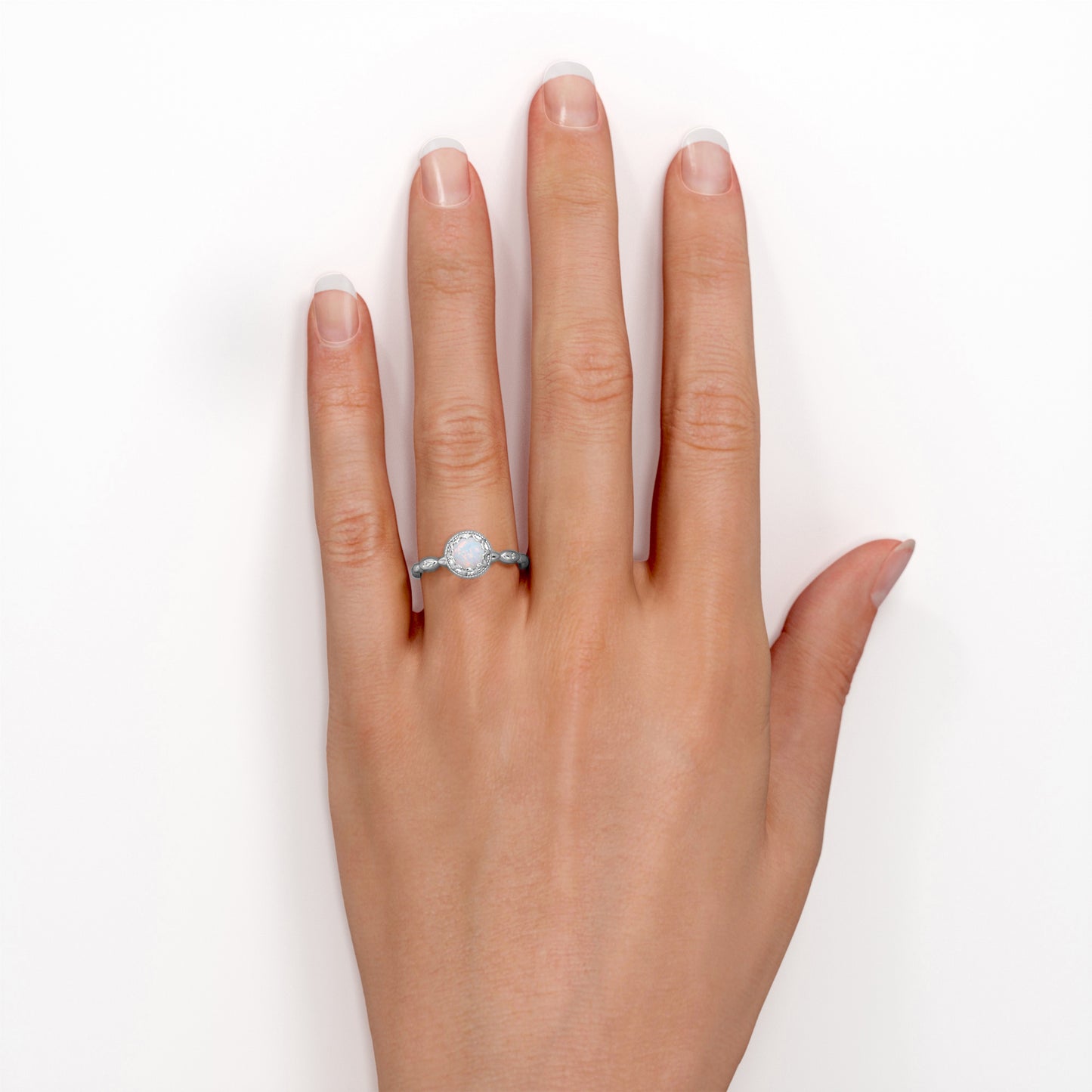 Scalloped halo 1 carat Round cut Ethiopian Opal milgrain edge engagement ring in Rose gold