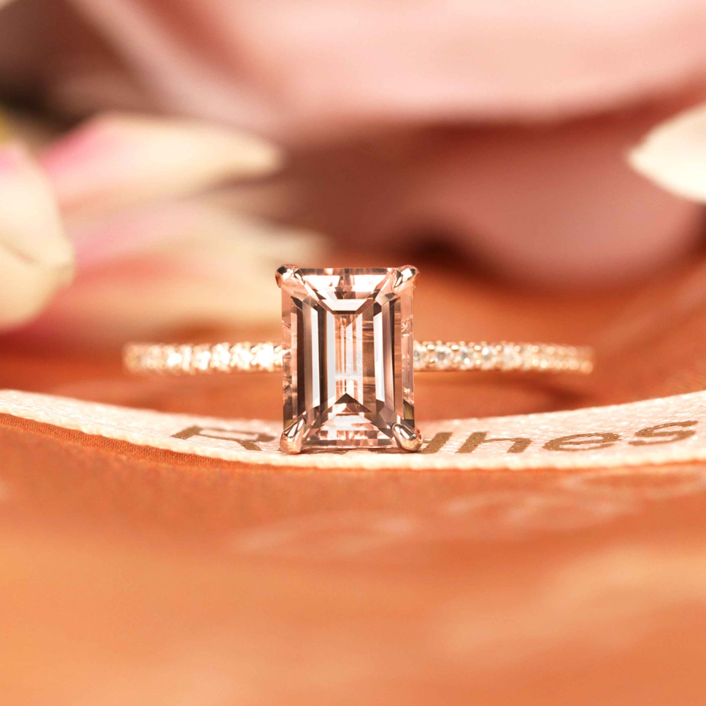 Classic 1.25 carat emerald cut peach pink Morganite Engagement Ring in Rose Gold