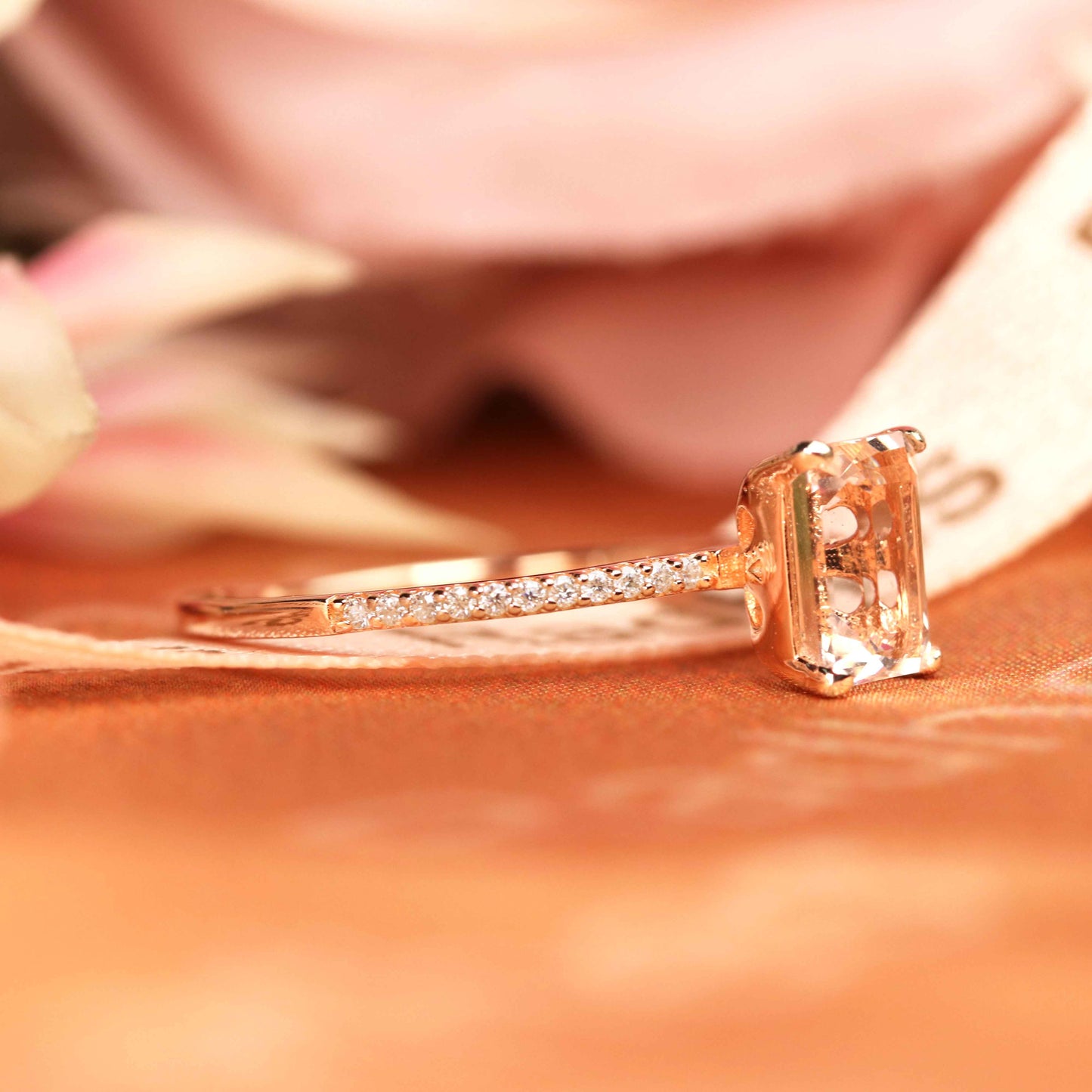 Classic 1.25 carat emerald cut peach pink Morganite Engagement Ring in Rose Gold