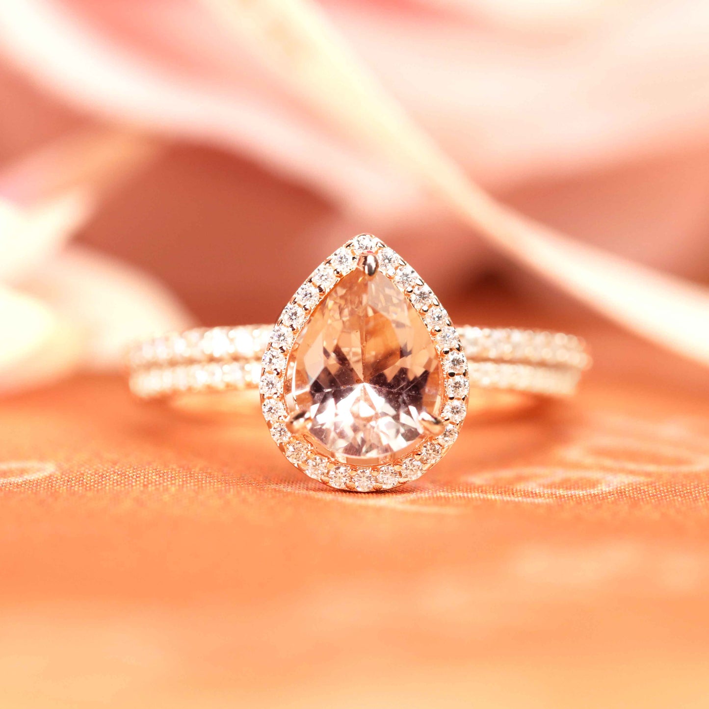 1.75 carat Pear Shape Peach Pink Morganite Halo Ring Set for Women on Sale