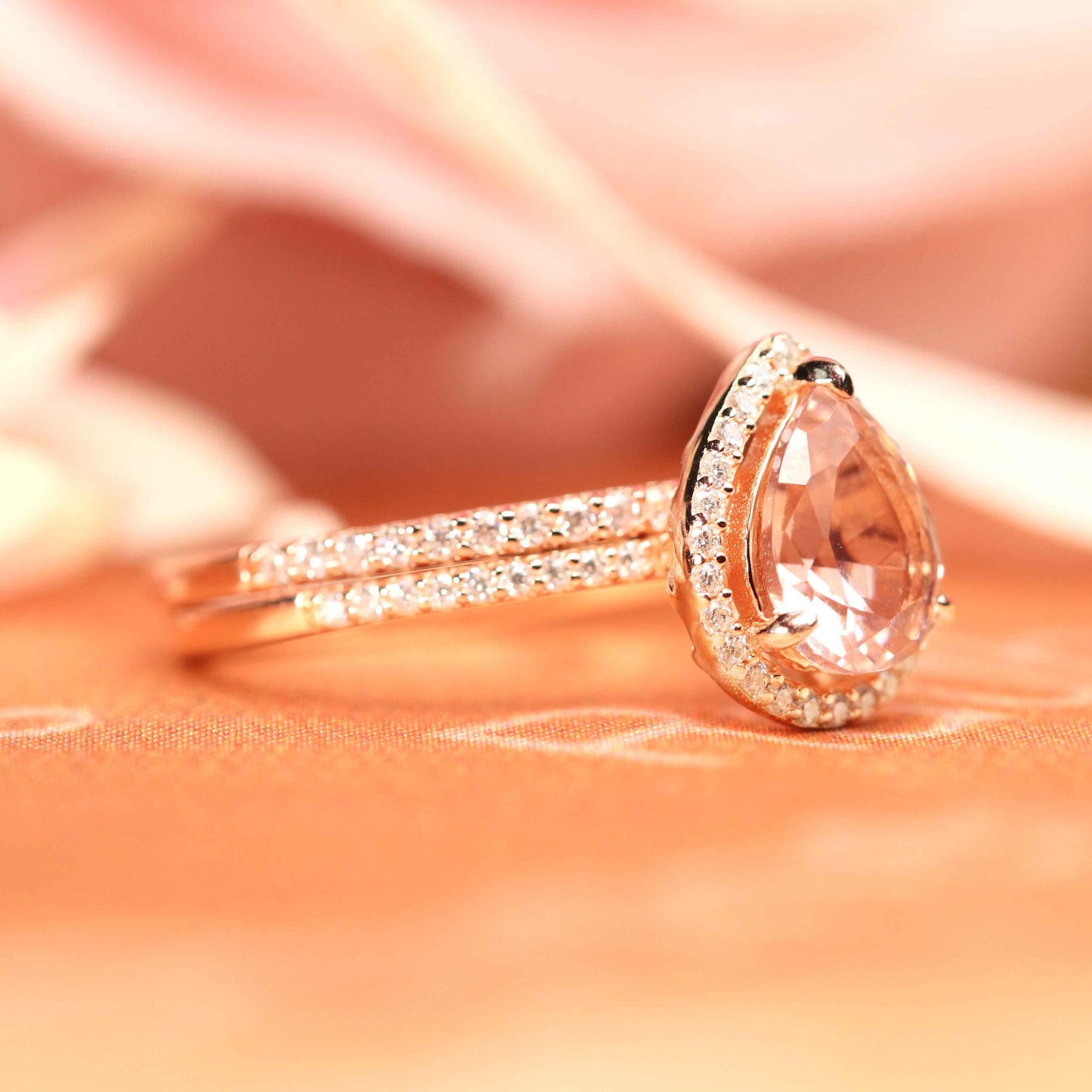 1.75 carat Pear Shape Peach Pink Morganite Halo Ring Set for Women on Sale