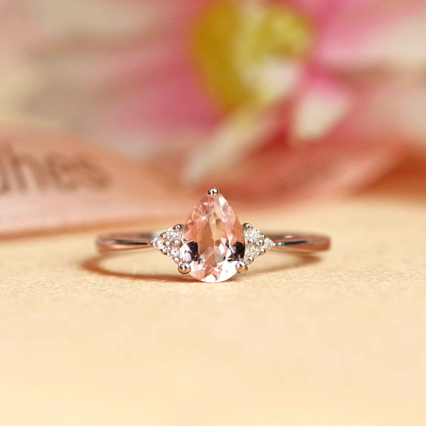 7 Stone 1.1 carat peach pink Morganite with Diamond Classic Wedding Engagement Ring White Gold