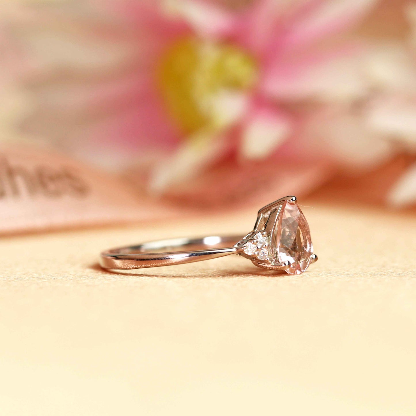 7 Stone 1.1 carat peach pink Morganite with Diamond Classic Wedding Engagement Ring White Gold