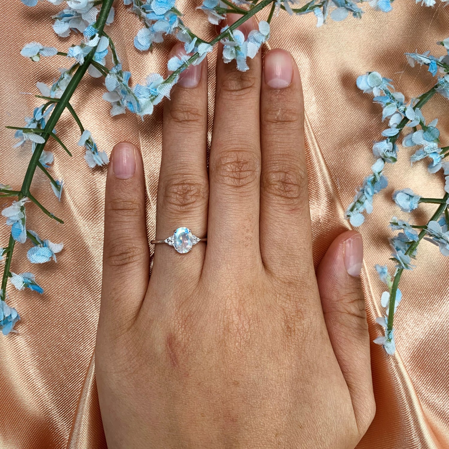 Classic 7 Stone 1.1 carat Rainbow Moonstone Ring in White Gold