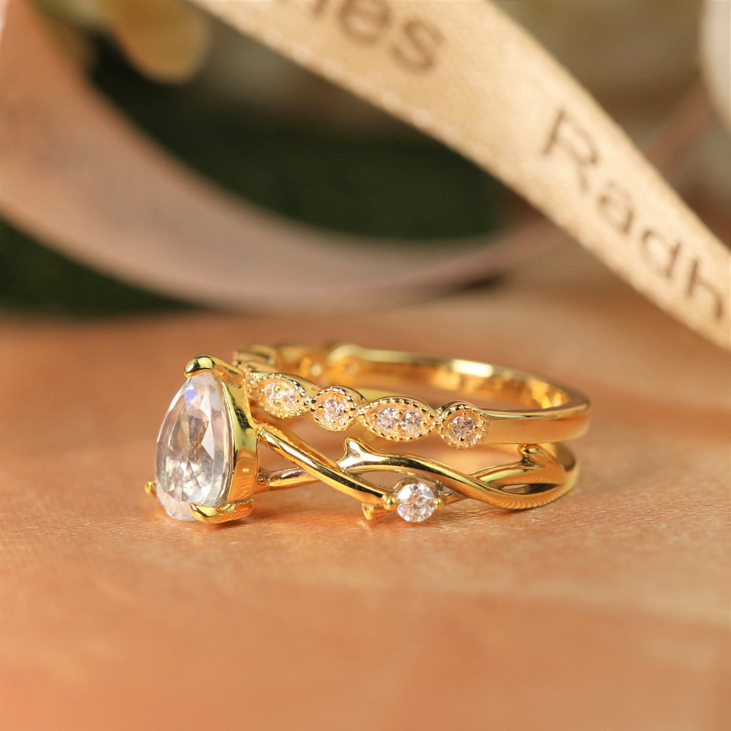 Twig 1.25 carat Teardrop Shaped Rainbow Moonstone Wedding Ring Set on Yellow Gold