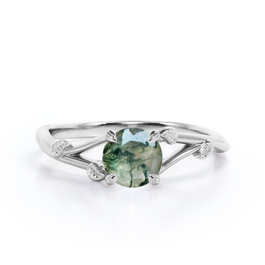 Branchlet Shank 1 carat Round cut Moss Green Agate vine and leaf engagement ring in White gold