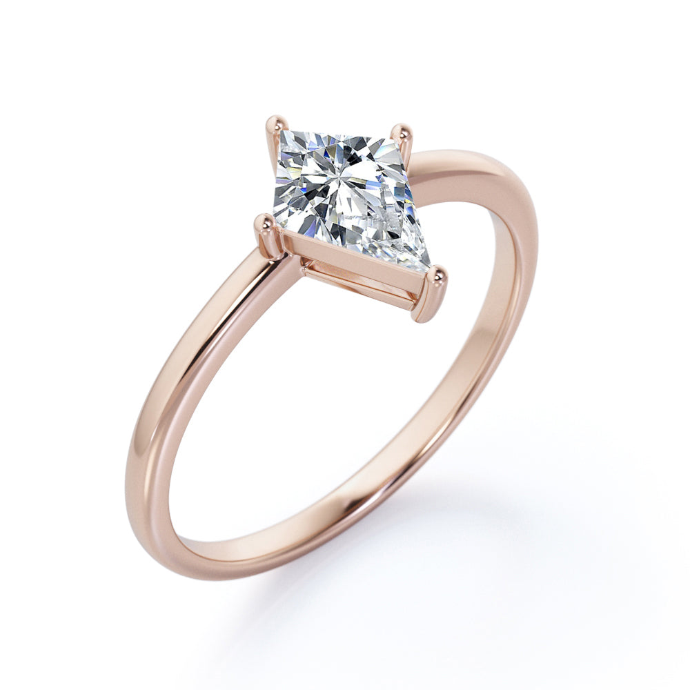 Modern 1 carat Kite shaped Moissanite prong style engagement ring in Rose gold