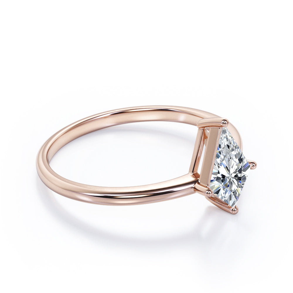 Modern 1 carat Kite shaped Moissanite prong style engagement ring in Rose gold