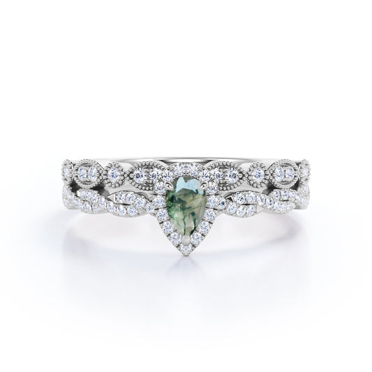 Infinity Halo 1.1 carat Pear cut Moss Green Agate and diamond bridal set for her in White gold