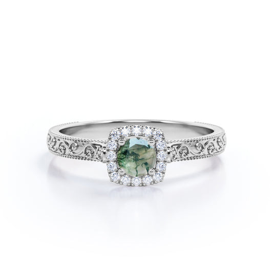 Vintage Victorian style 0.7 carat Round cut Moss green Agate and diamond milgrain halo engagement ring in White gold