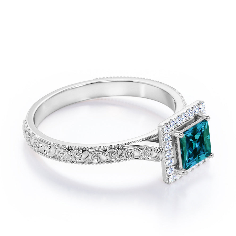 Edwardian scrollwork 1.25 carat Princess cut Lab made Alexandrite and diamond filigree engagement ring in White gold