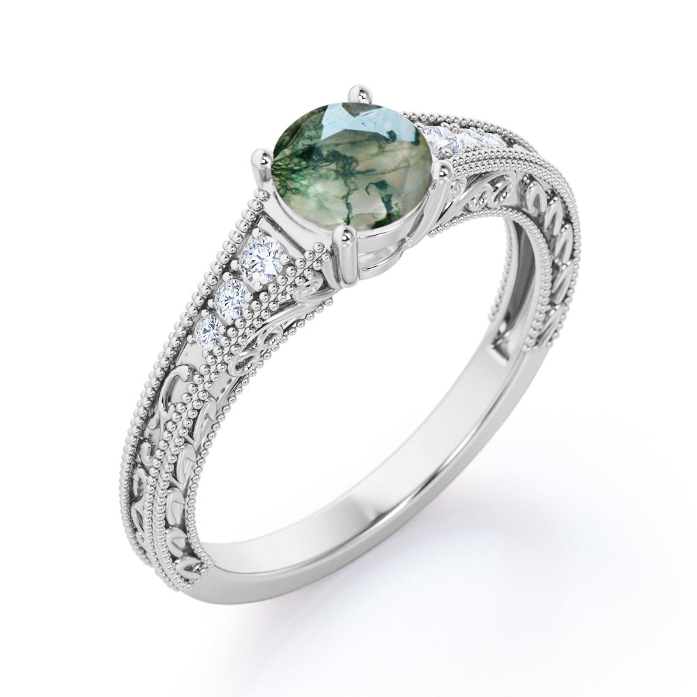 Art deco filigree 1.25 carat Round cut Moss Agate and diamond antique vintage engagement ring in White gold