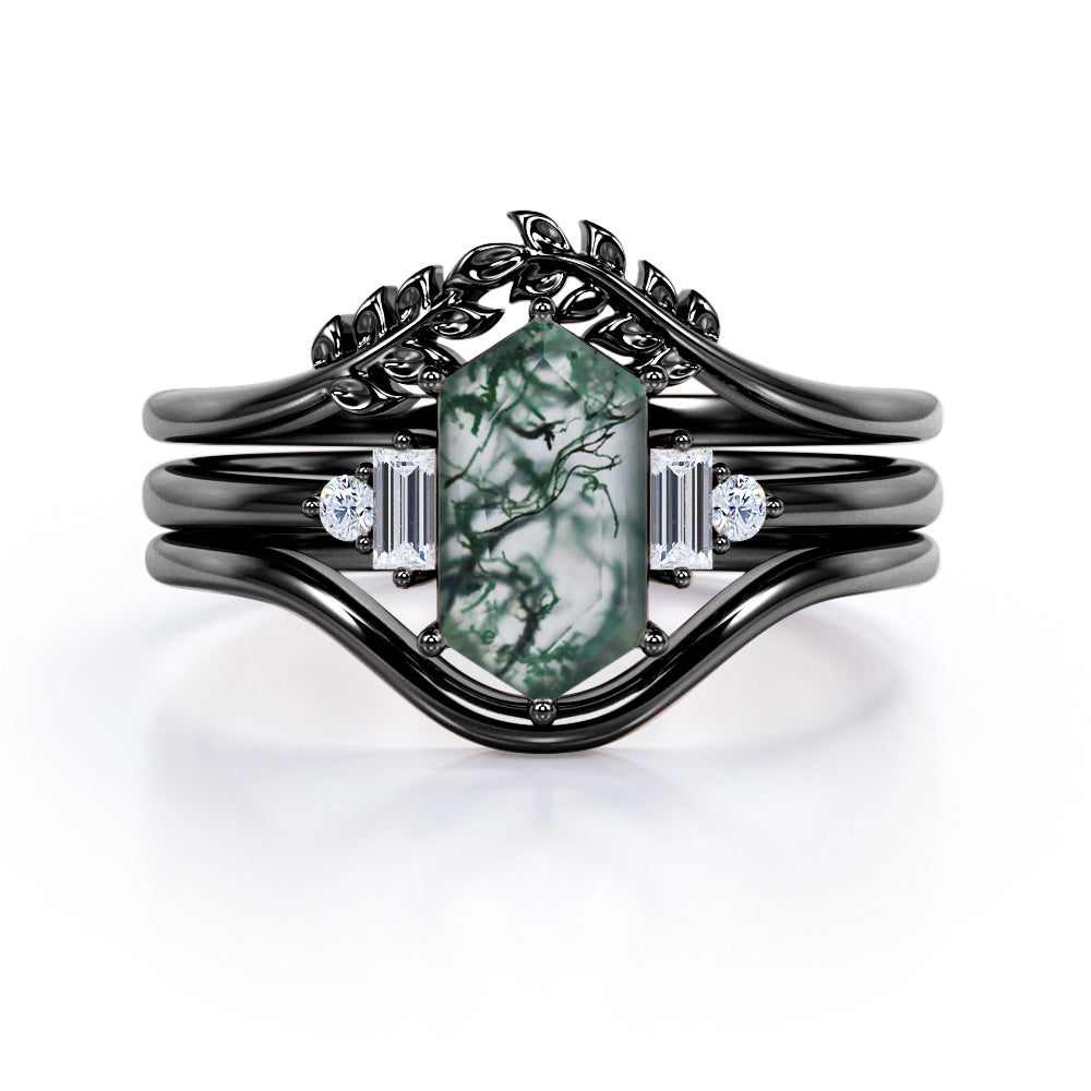 Vintage Double Chevron 1.1 carat Hexagon shaped Moss Green Agate and diamond forest inspired engagement ring in Black gold