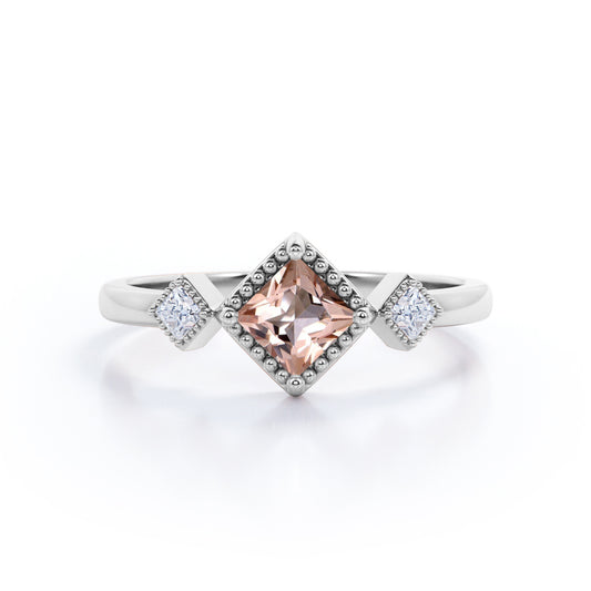 Vintage style 1.1 carat Princess cut Peach Morganite and diamond three stone Milgrain ring for women- Engagement ring in White gold