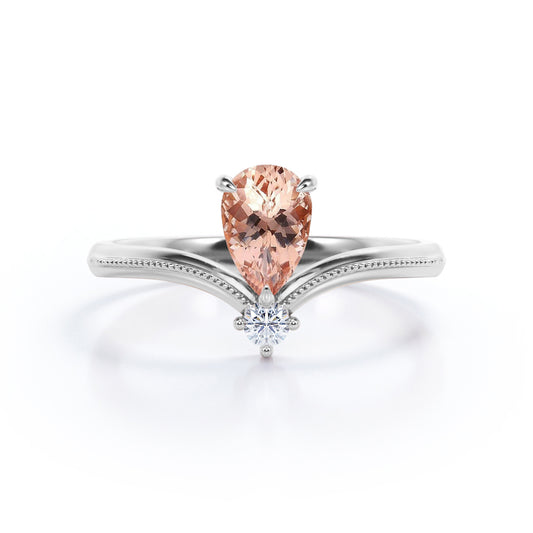 V-shape 1 carat Tear drop Morganite and diamond  Milgrain engagement ring in White gold