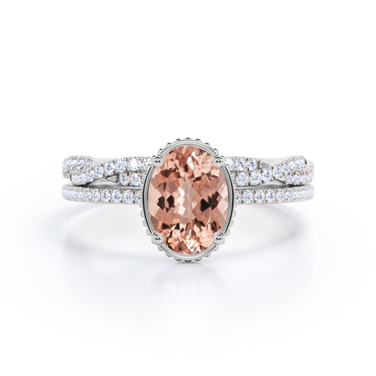 Bead-Décor 1.50 carat Oval shape Morganite and diamond infinity wedding ring set for her in White gold