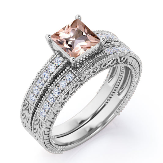 Milgrain Edge 1.25 carat Princess cut Morganite and diamond edwardian art deco engagement rings set-wedding ring set for her