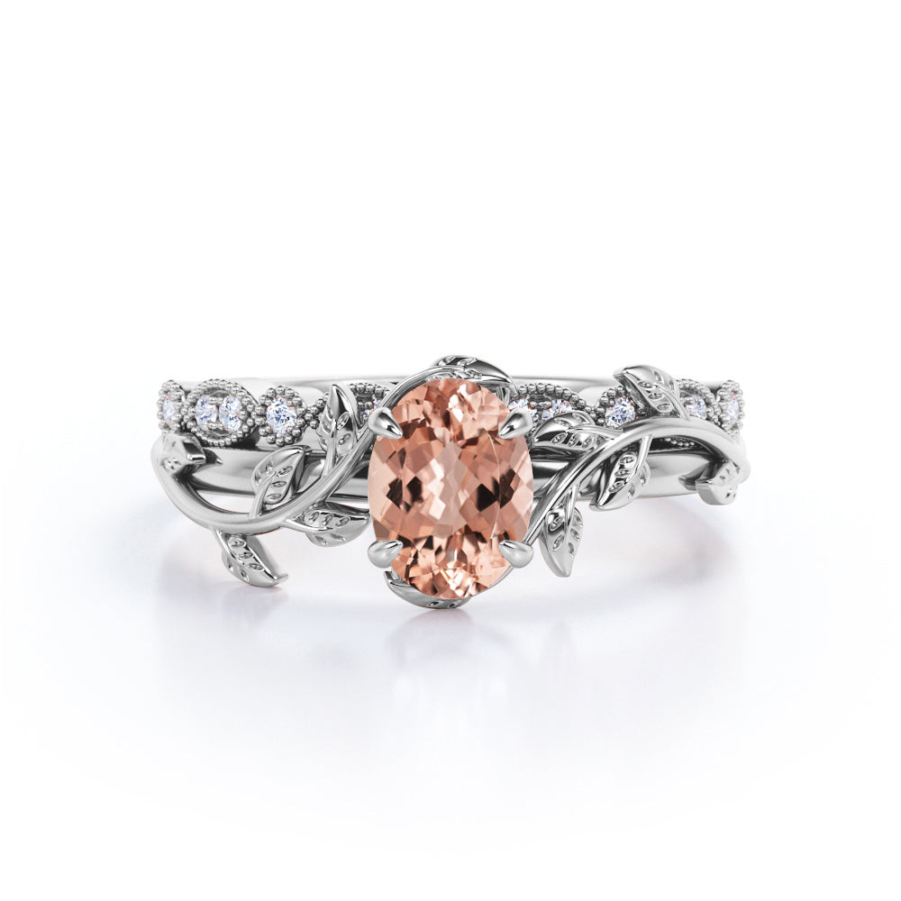 Engraved leaf 1.25 carat oval cut Peach Morganite and diamond - nature themed wedding ring set for her