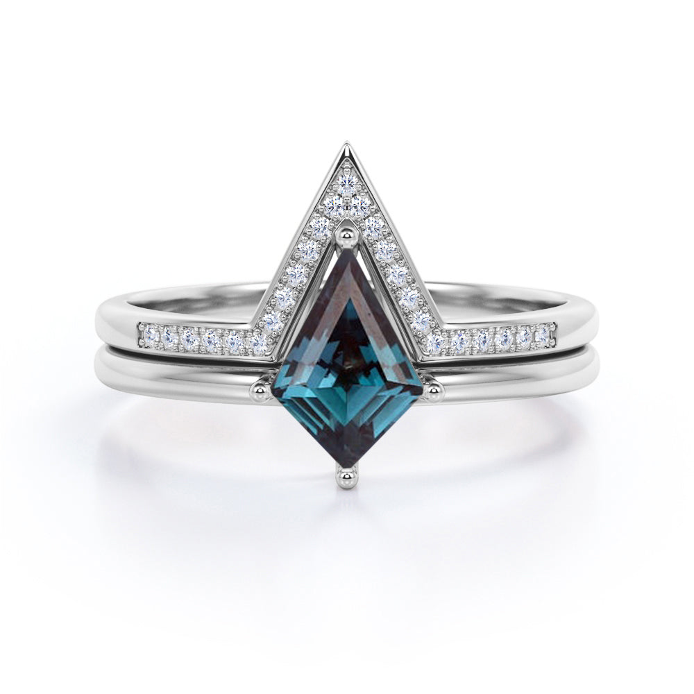 Solitaire Prong 1.25 carat Kite shaped Lab created Alexandrite and diamond contoured wedding ring set in White gold