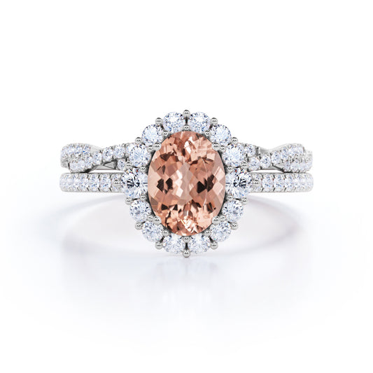 Cluster Halo 1.75 carat Oval cut Morganite and pave diamond - shared prong setting - half-infinity wedding ring set for women in White gold