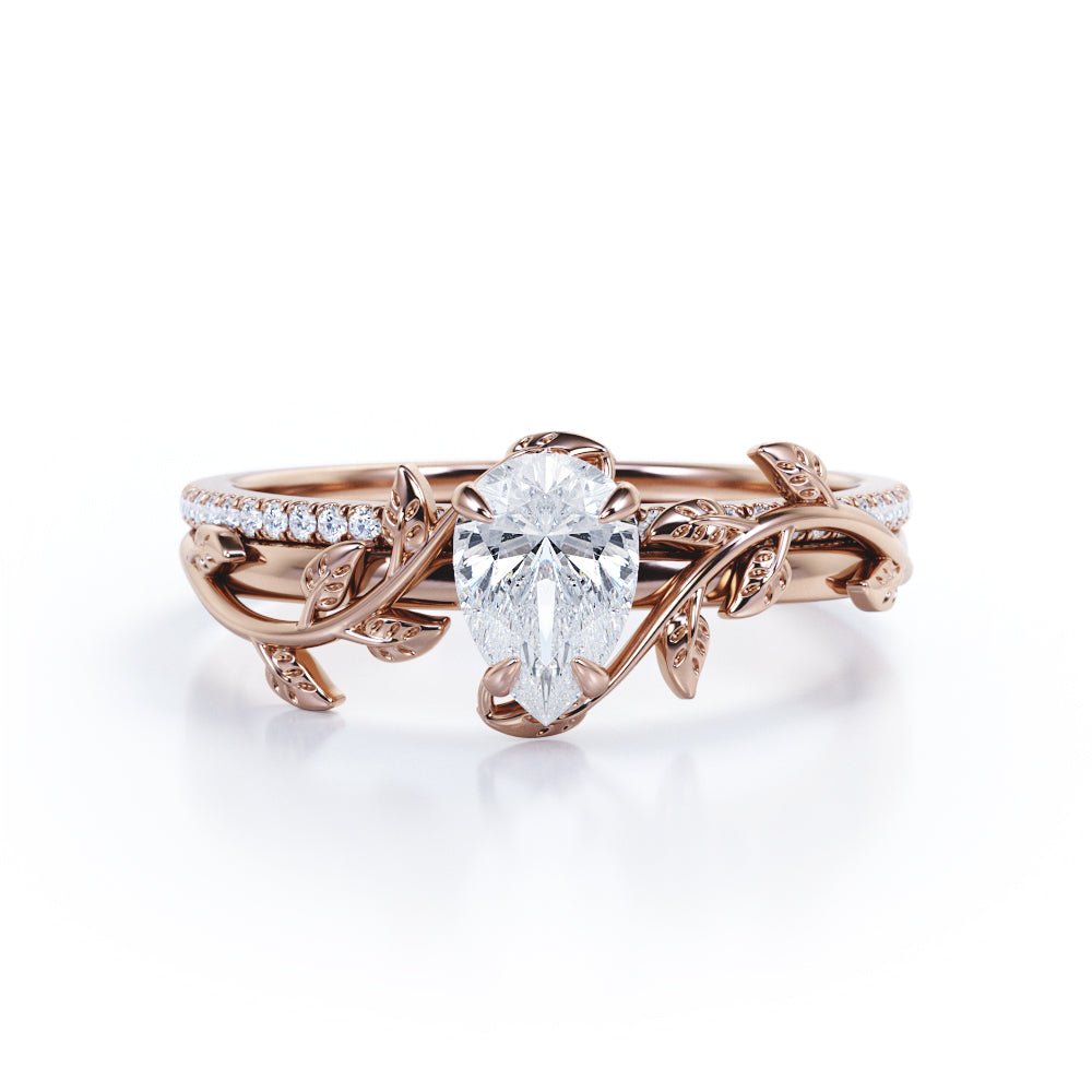 1 Carat Pear Shaped Moissanite Nature Inspired Engagement Ring Set in Rose Gold