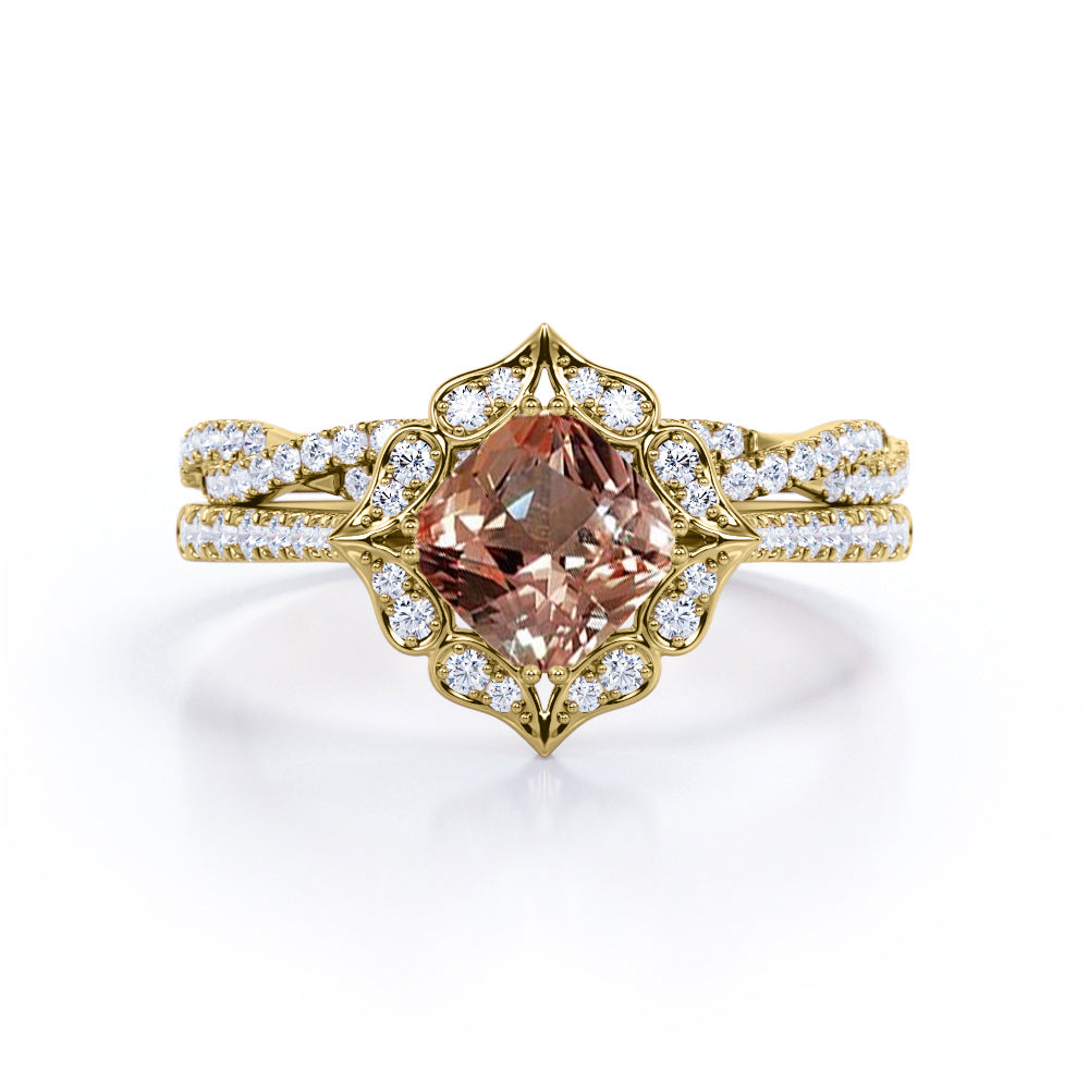 Floral Halo 1.75 carat Cushion cut Peach pink Morganite and diamond - double prong setting - wedding ring set for women