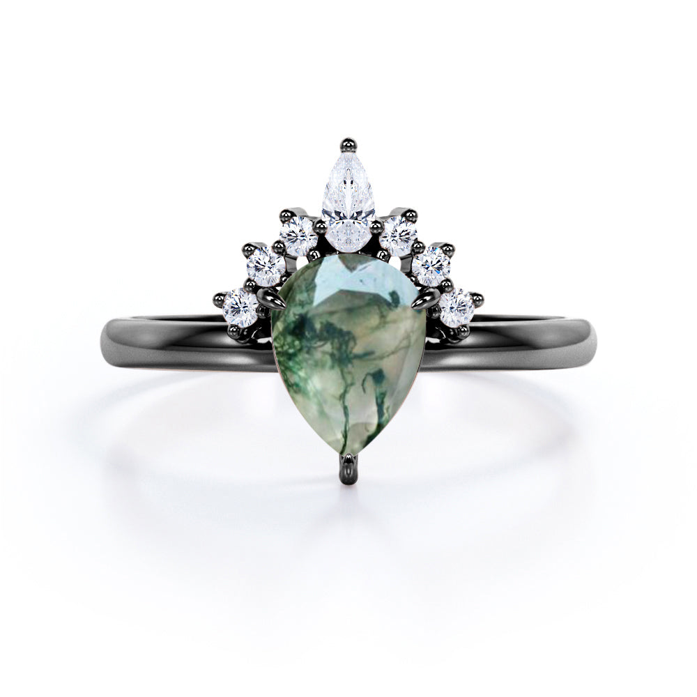 Royal Tiara style 1.15 carat Pear cut Moss Green Agate and diamond engagement ring in White gold