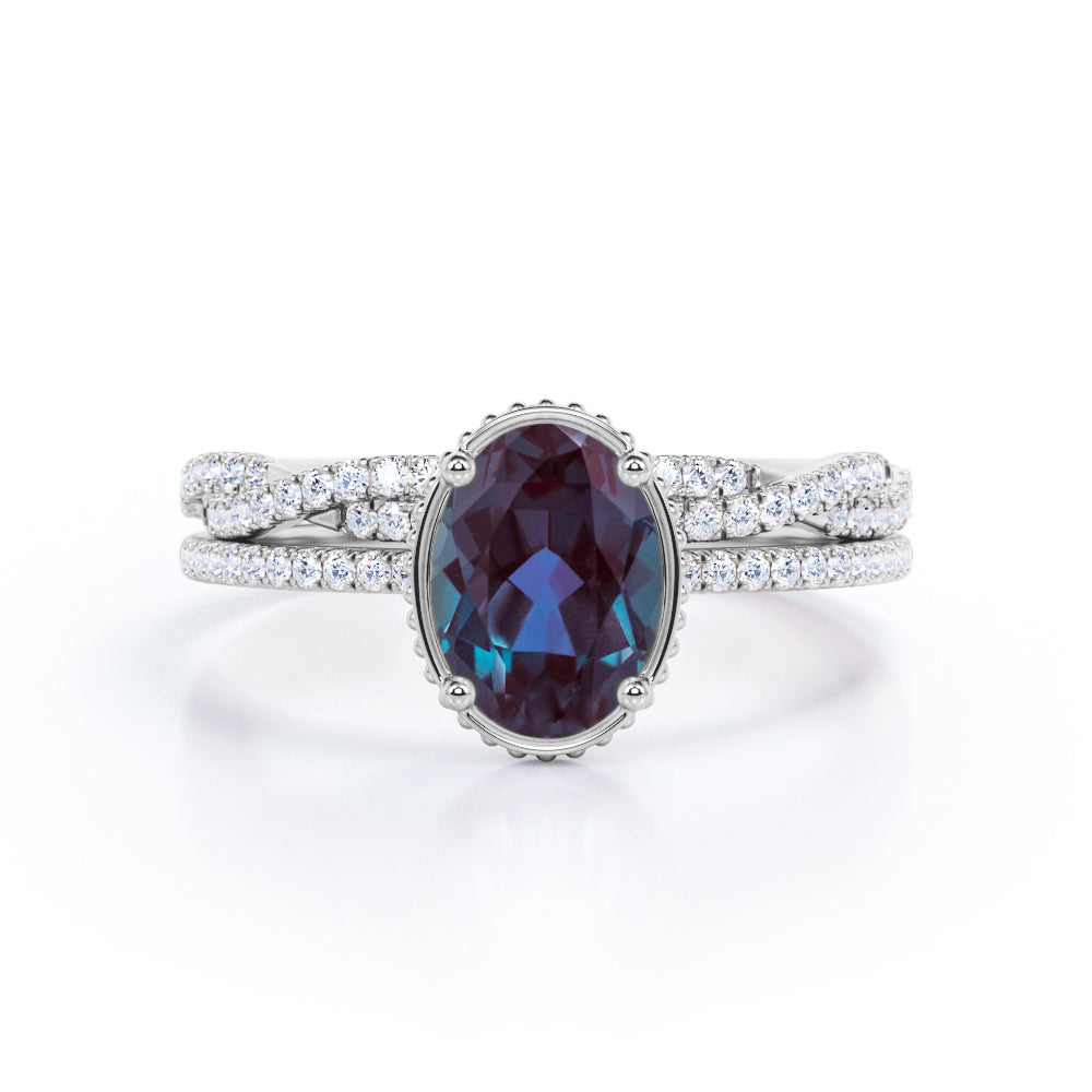 Hidden Halo 1.5 carat Oval cut Lab made Alexandrite and white diamond semi-infinity wedding ring set for women in White gold