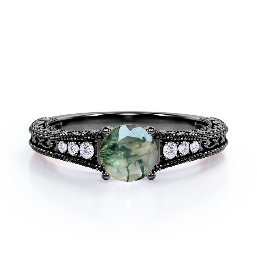 Art deco filigree 1.25 carat Round cut Moss Agate and diamond antique vintage engagement ring in White gold