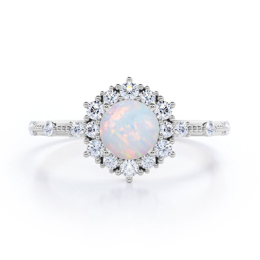 Floral art inspired 1.20 carat Round cut Ethiopian Opal and diamond-engraved-cluster halo engagement ring White gold