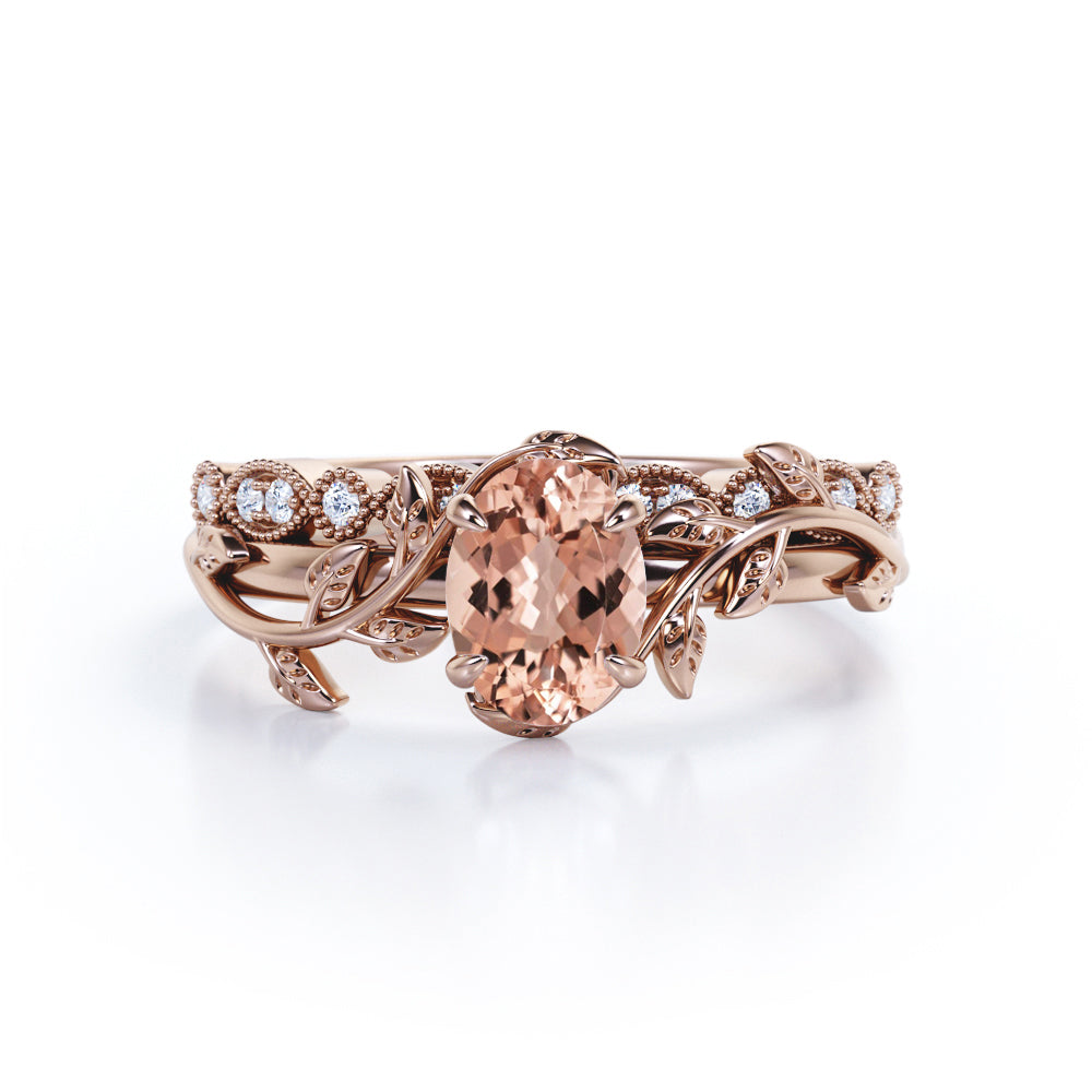 Engraved leaf 1.25 carat oval cut Peach Morganite and diamond - nature themed wedding ring set for her