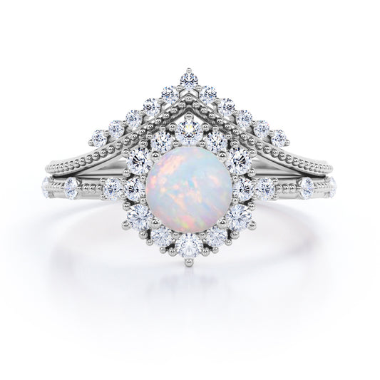 Engraved Chevron 1.35 carat Round cut Ethiopian Opal and diamond vintage halo wedding ring set for women in White gold