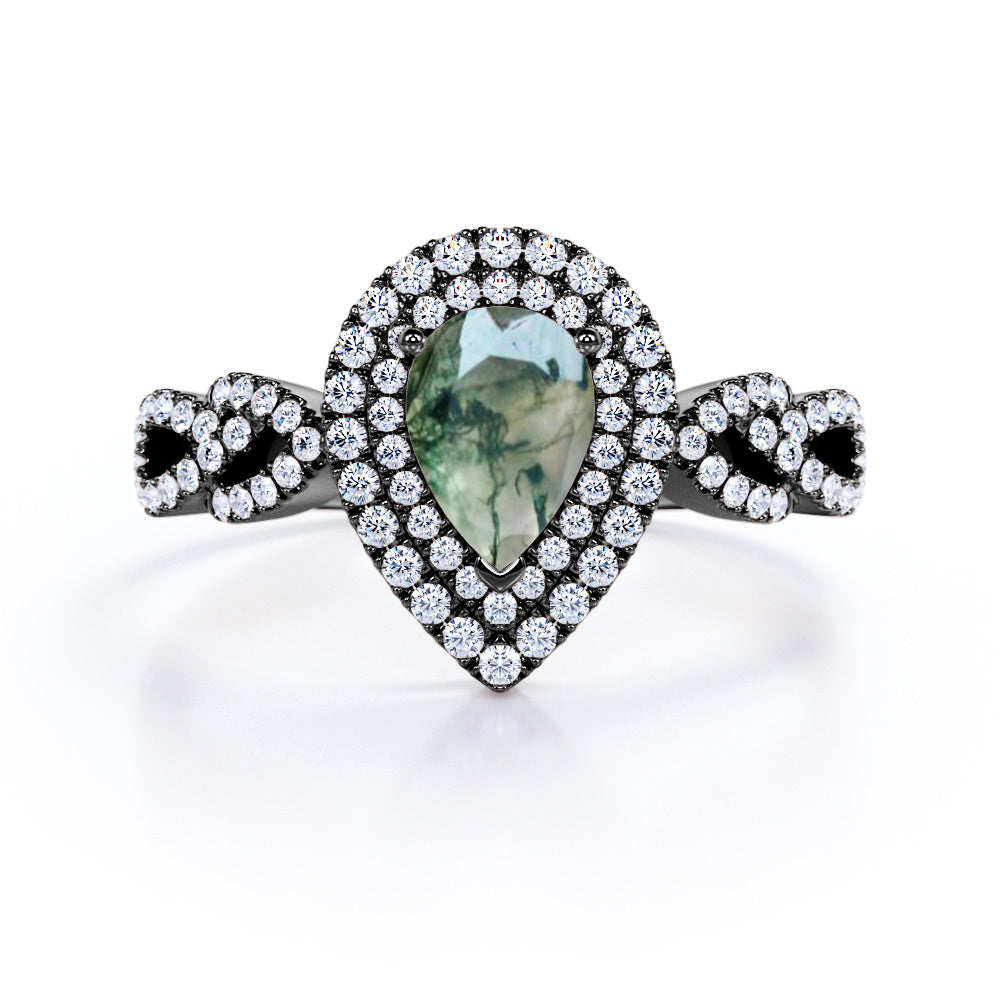 Floral infinity 1.7 carat Pear cut Moss Green Agate and diamond double halo engagement ring in White gold