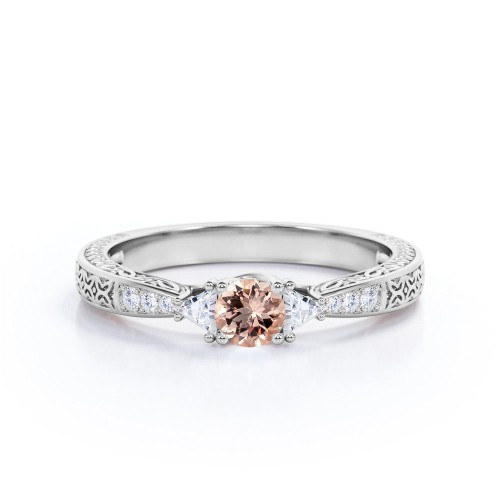 Trillion 0.75 carat Round cut Peach Morganite and diamond vintage 